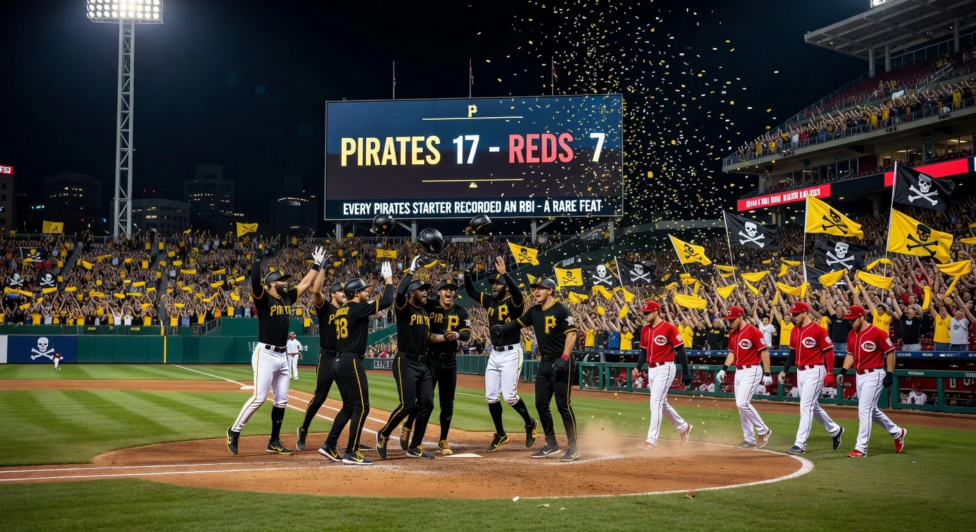 Pittsburgh Pirates players celebrating their historic 17-7 rout of the Cincinnati Reds at PNC Park, with scoreboard and cheering fans.