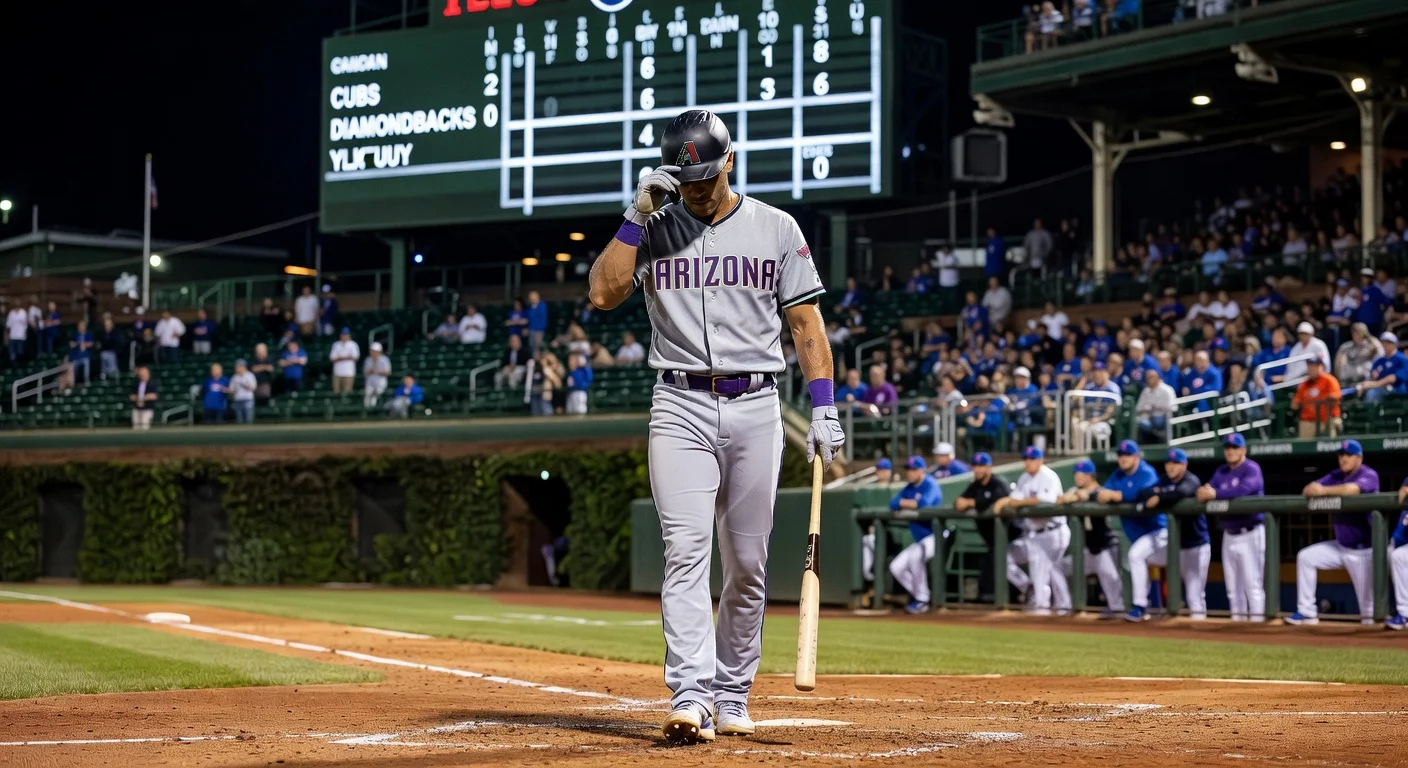Ildemaro Vargas of the Arizona Diamondbacks reacts after striking out to end his 27-game hitting streak in a 2-0 loss to the Chicago Cubs at Wrigley Field.
