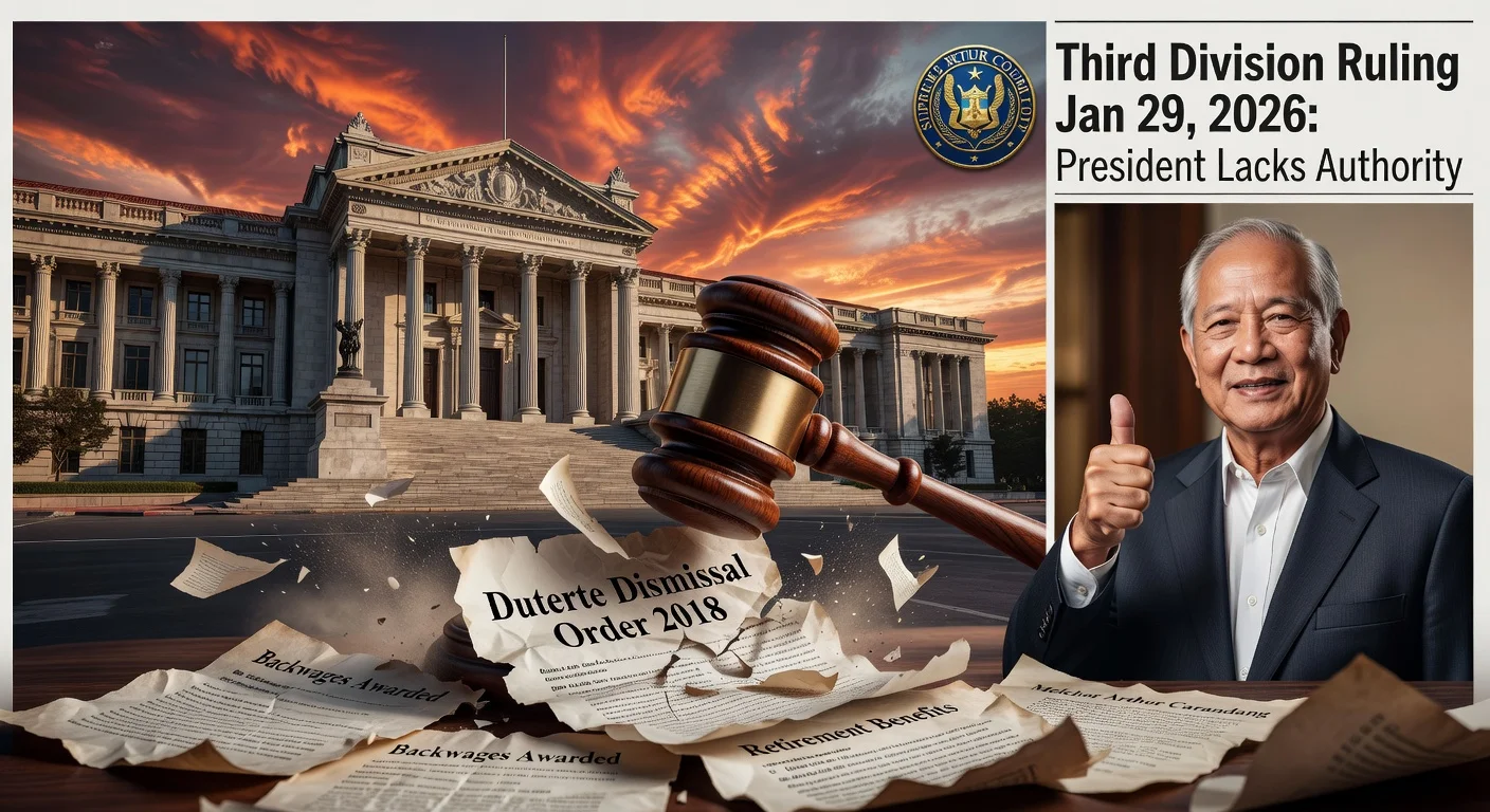 Illustration of Supreme Court voiding Duterte's dismissal of deputy ombudsman Carandang, awarding backwages and benefits.