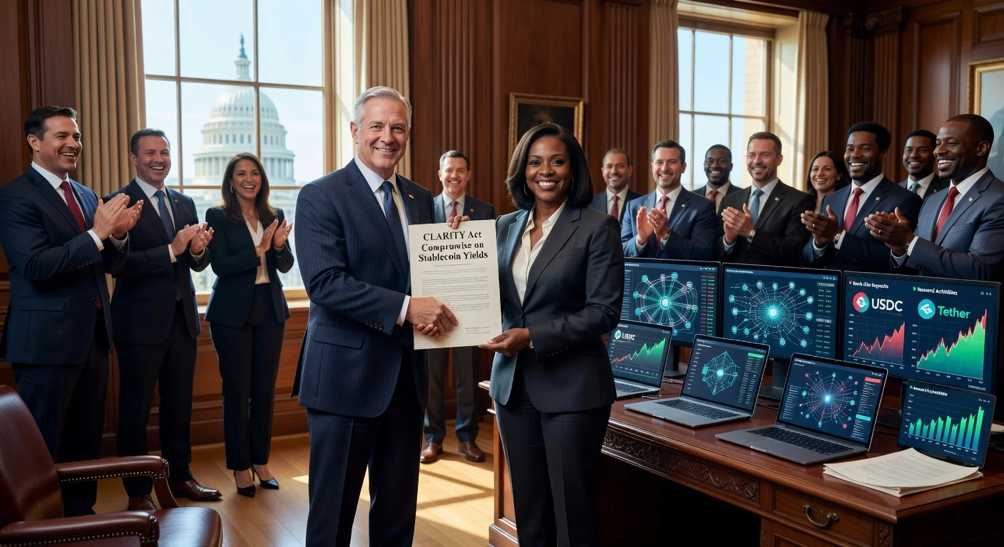 Senators Thom Tillis and Angela Alsobrooks unveil bipartisan CLARITY Act compromise banning certain stablecoin yields while allowing legitimate rewards, endorsed by crypto leaders.