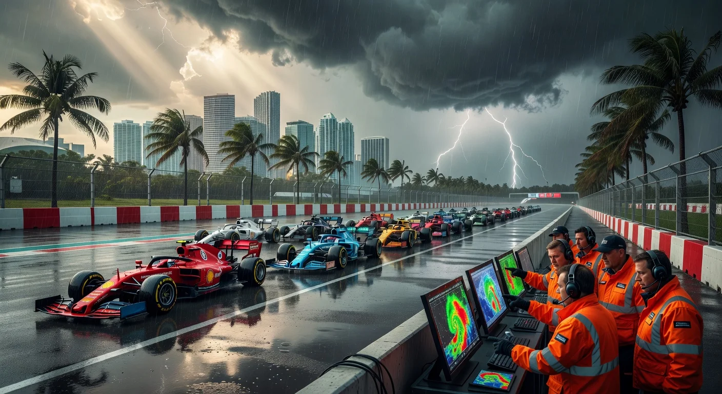 F1 cars poised on Miami GP grid under stormy skies ahead of rescheduled 1 PM start.