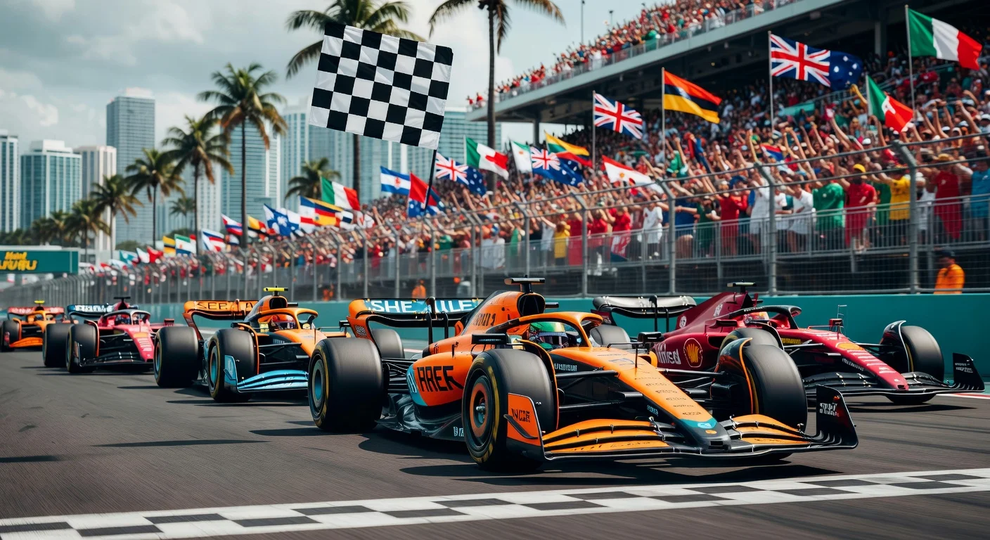 Lando Norris wins McLaren 1-2 in the F1 Miami GP sprint race, with Piastri second and Leclerc third.