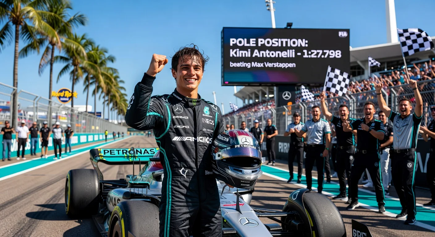 Kimi Antonelli celebrates securing pole position for Mercedes at the 2026 F1 Miami Grand Prix, with Max Verstappen in second.