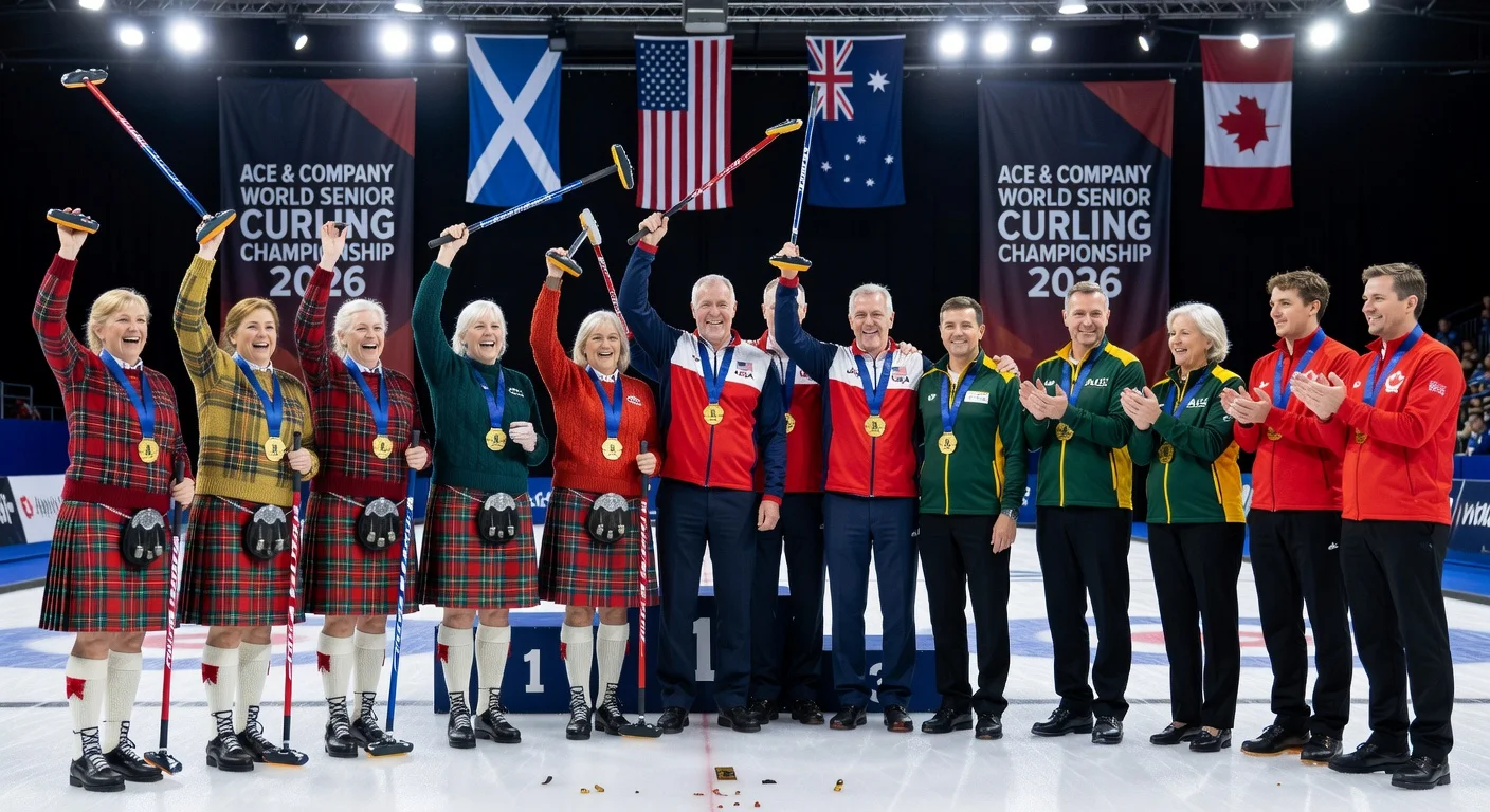Gold medal ceremony at World Senior Curling Championship 2026 featuring Scotland women, US men, and Australia mixed doubles winners.