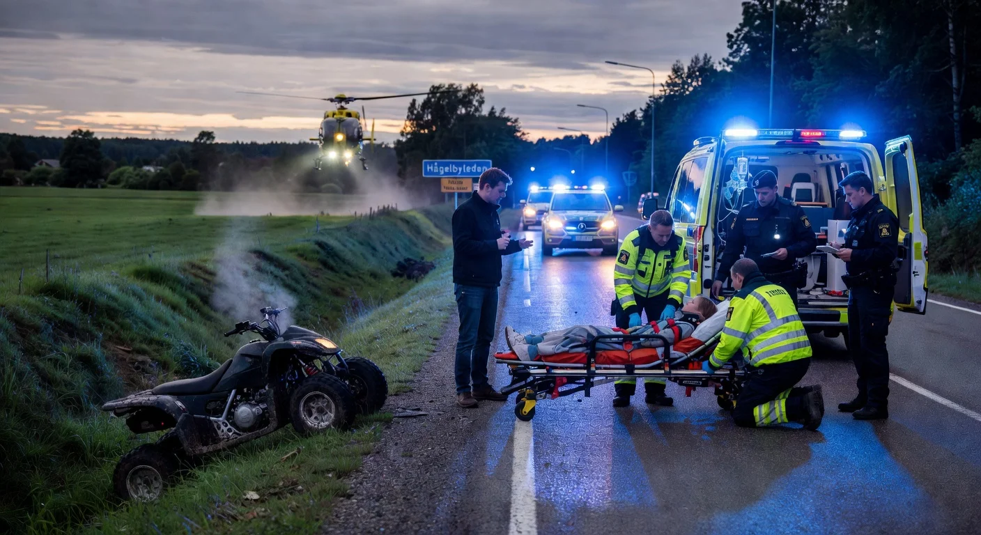 News illustration of quad bike crash in Botkyrka: emergency responders airlifting injured 10-year-old girl as police investigate.