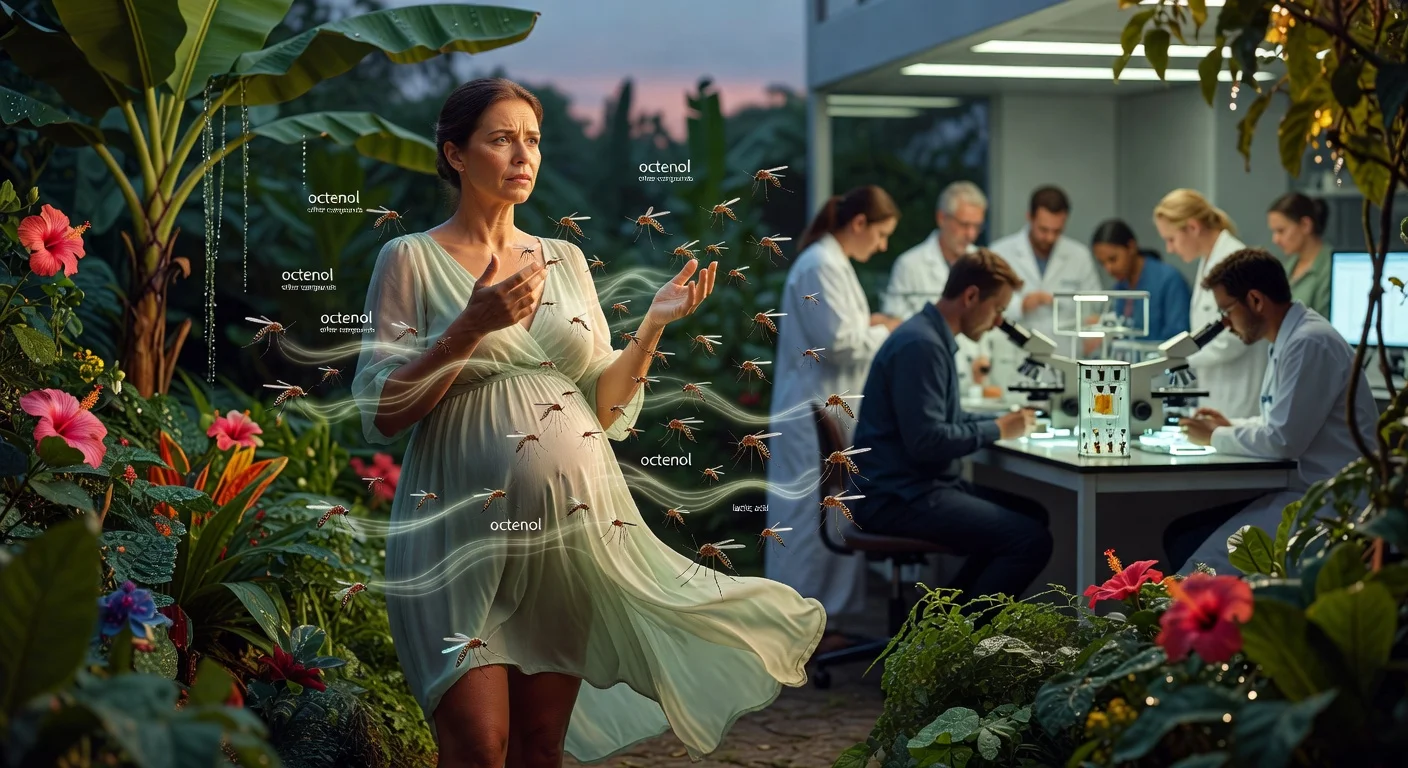 Illustration depicting a pregnant woman attracting mosquitoes due to specific scent compounds like octenol, with researchers studying the phenomenon in a lab.
