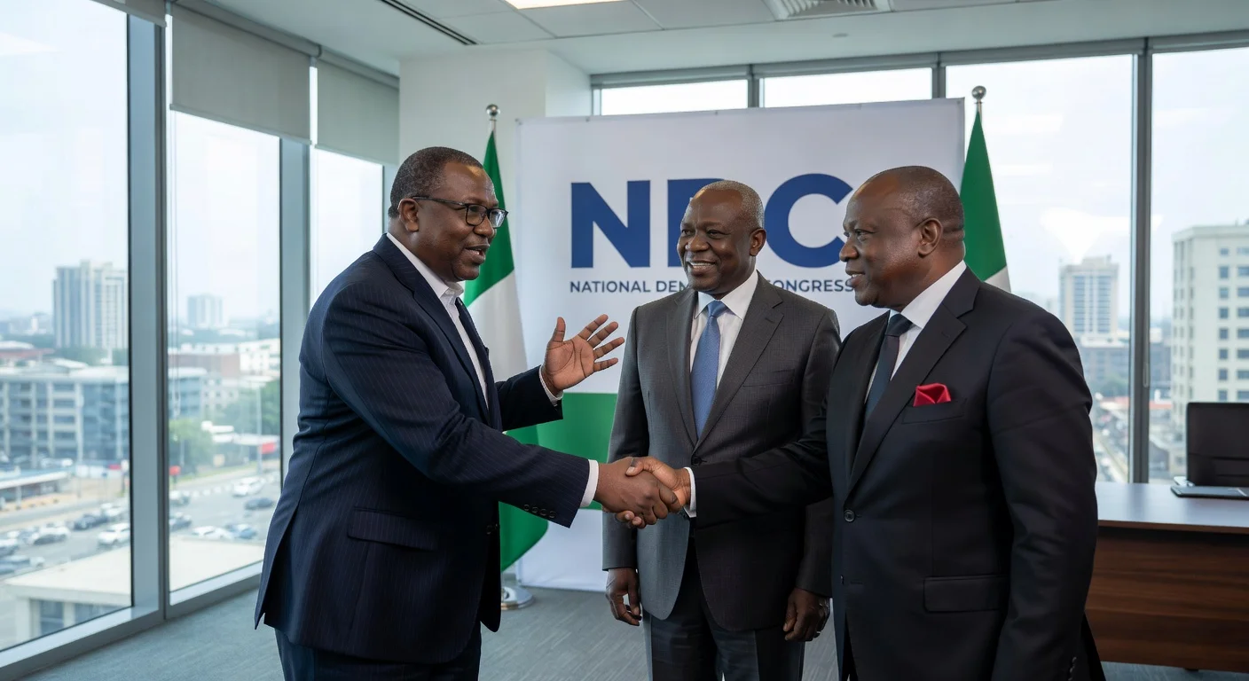 Peter Obi and Kwankwaso confirm NDC membership with Senator Dickson in Abuja.