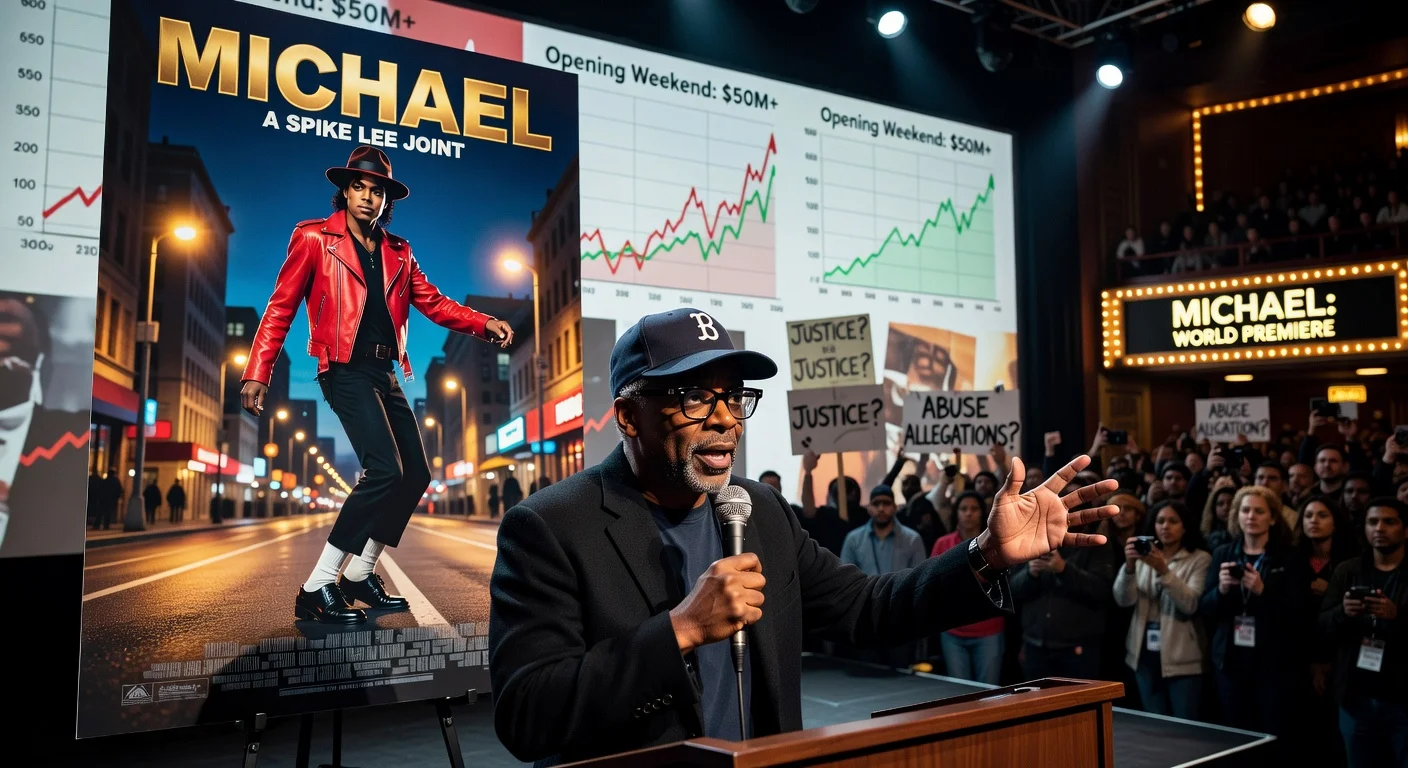Spike Lee passionately defending the Michael Jackson biopic 'Michael' at a press conference amid controversy over excluded abuse allegations.