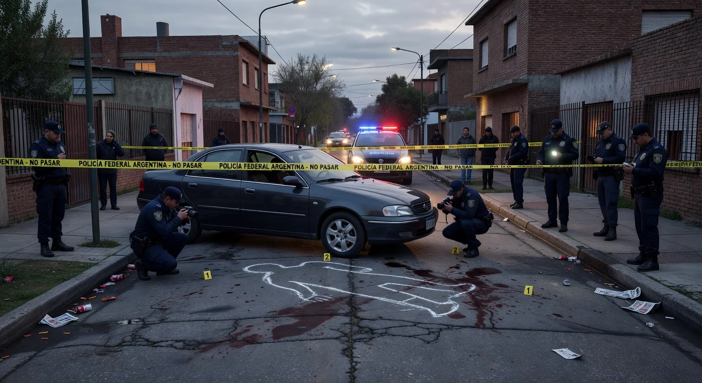 Crime scene at a fatal parking dispute shooting: chalk body outline, police tape, and investigators near a badly parked car in Argentine suburb.