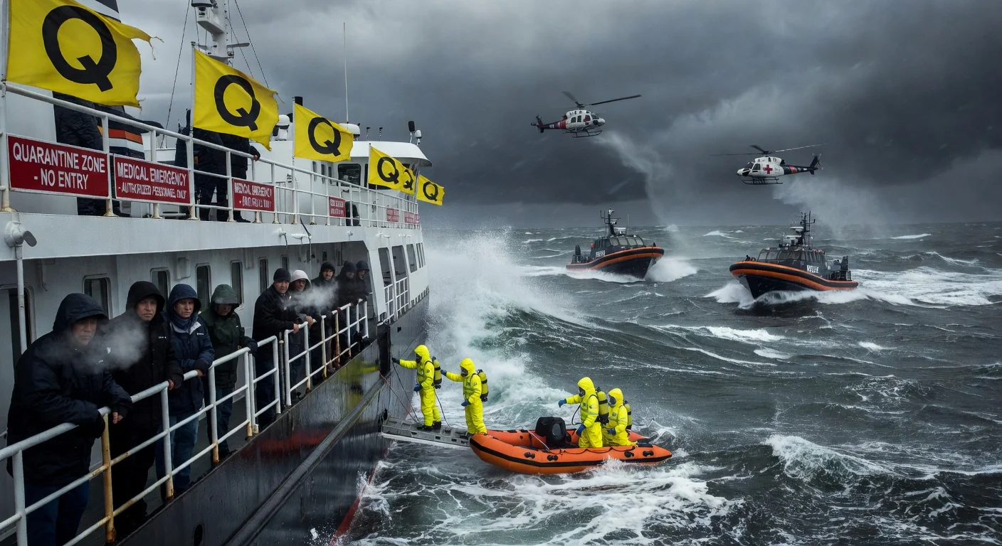 Dramatic illustration of MV Hondius cruise ship amid hantavirus crisis, with evacuation helicopters approaching in stormy seas.