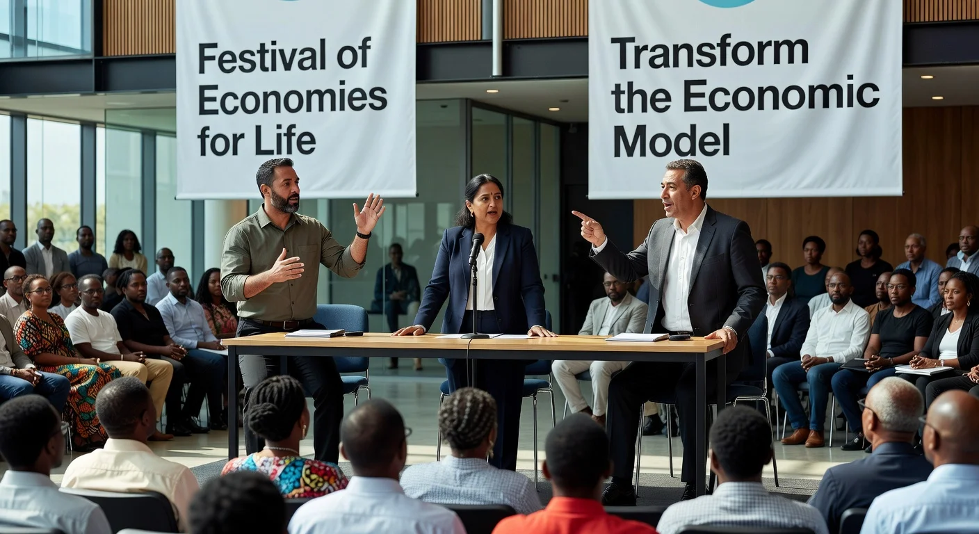 Panel of Global South economists Jayati Ghosh, Pedro Rossi, and Fadhel Kaboub at the Festival of Economies for Life, urging independent industrial policies.