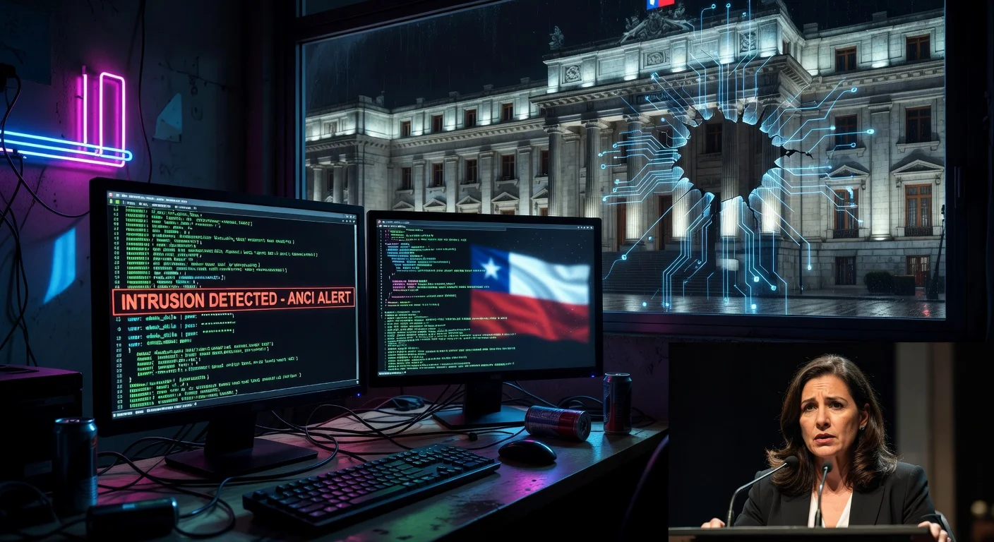 Illustration of ANCI-confirmed cyber infiltration in Chilean public agency due to stolen credentials, featuring hacker screens and government imagery.