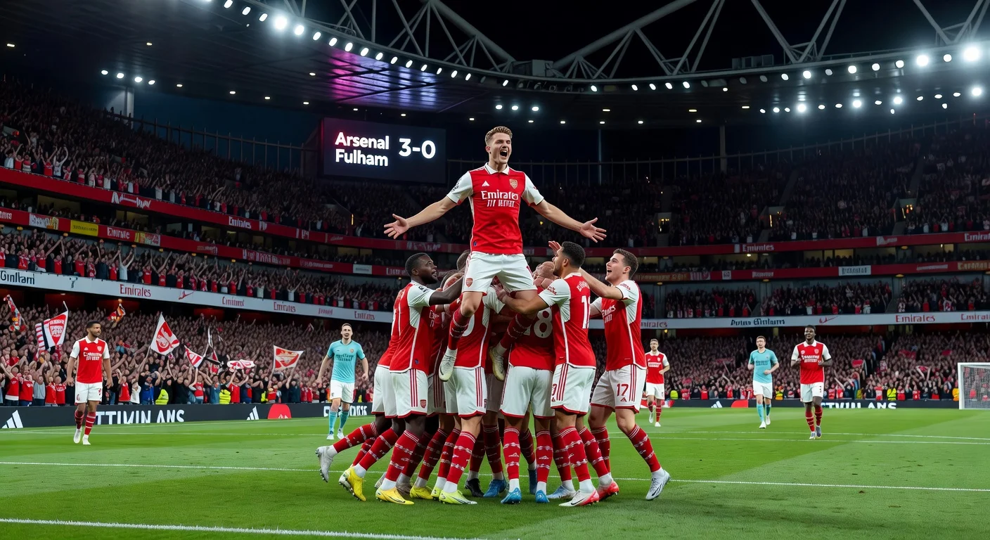 Arsenal's Viktor Gyökeres celebrates record-equaling brace in 3-0 victory over Fulham at Emirates Stadium.