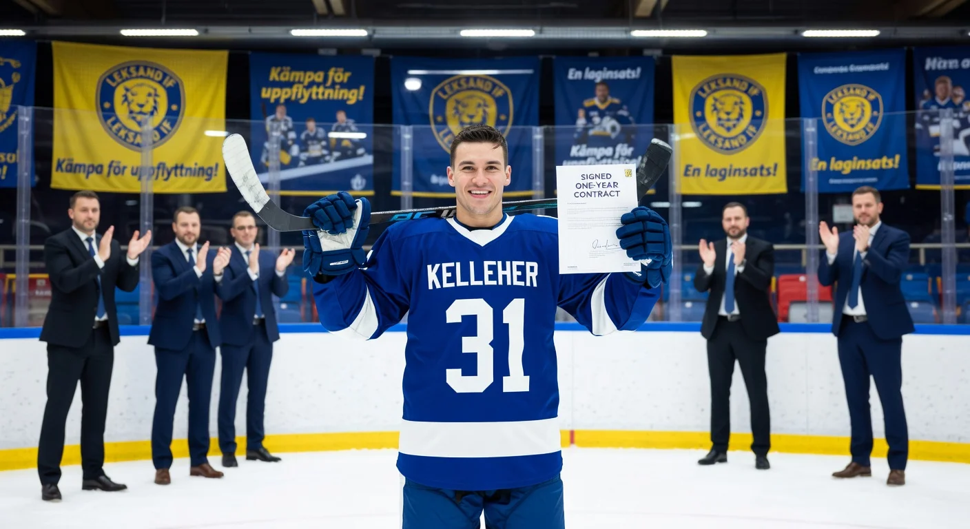 Tyler Kelleher in Leksand IF jersey, holding signed contract on arena ice with cheering officials.