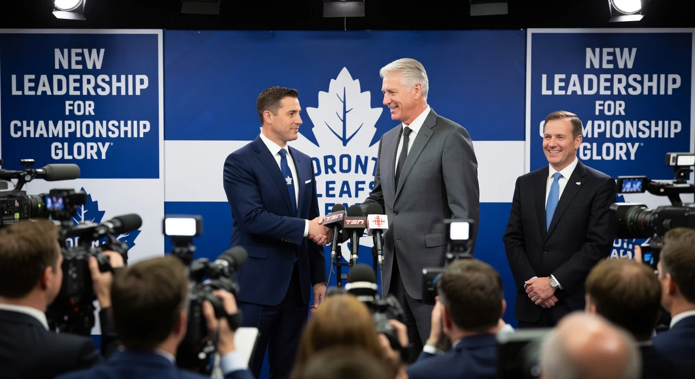 Press conference photo of Toronto Maple Leafs hiring John Chayka as GM and Mats Sundin as senior advisor.