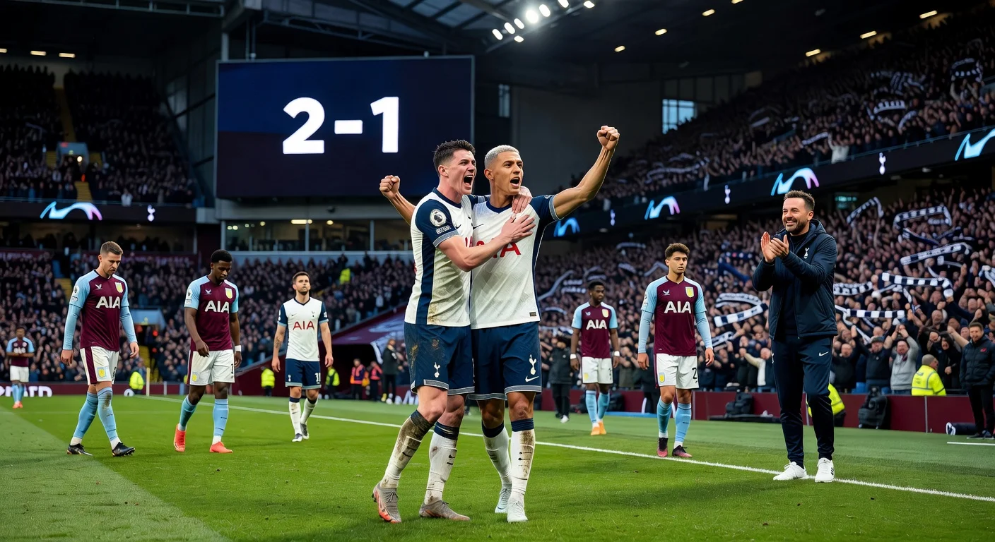 Tottenham Hotspur players celebrate 2-1 win over Aston Villa at Villa Park, escaping Premier League relegation zone.
