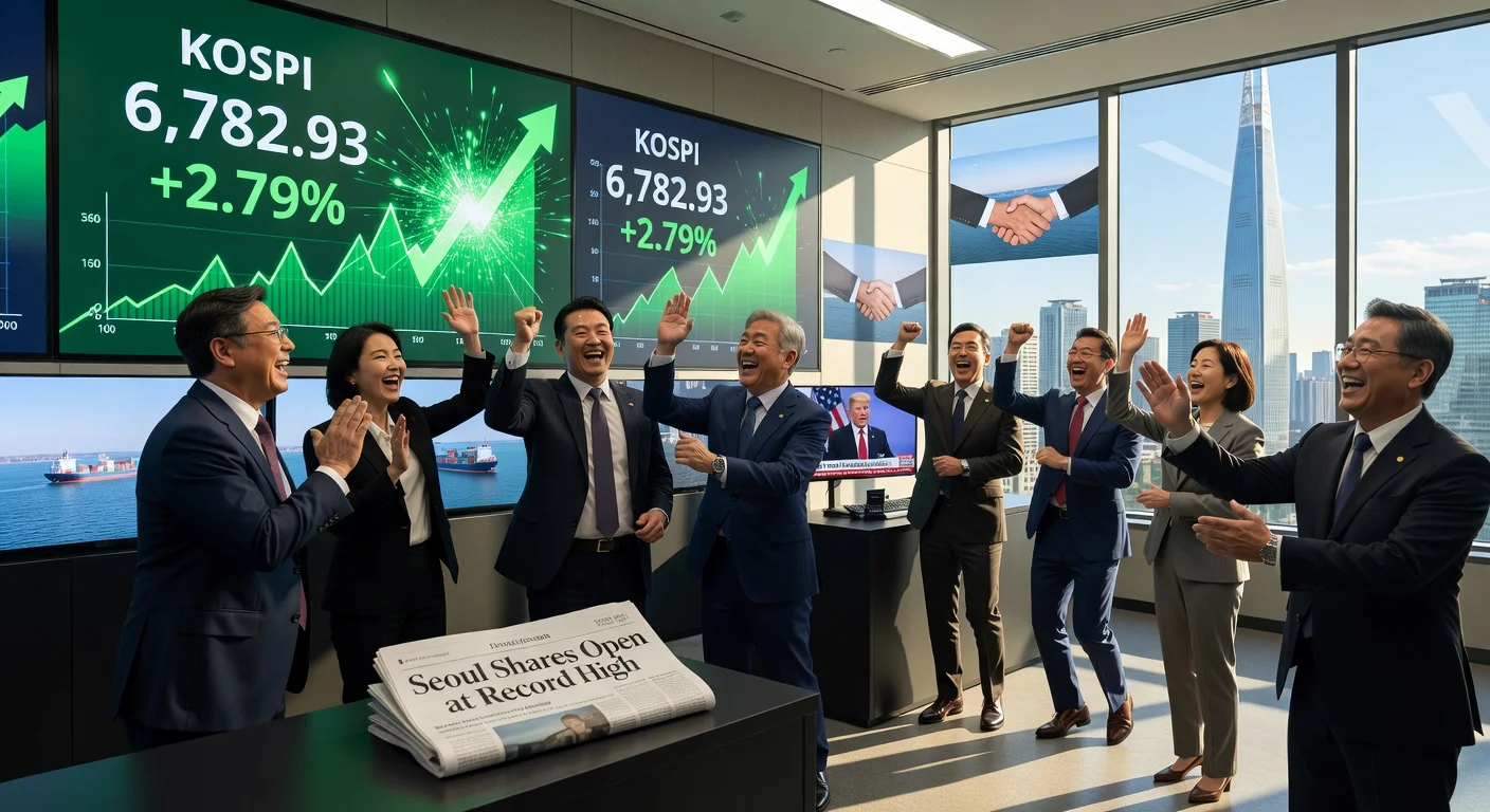 Seoul stock traders celebrate KOSPI record high amid eased Middle East tensions, ships in Strait of Hormuz.