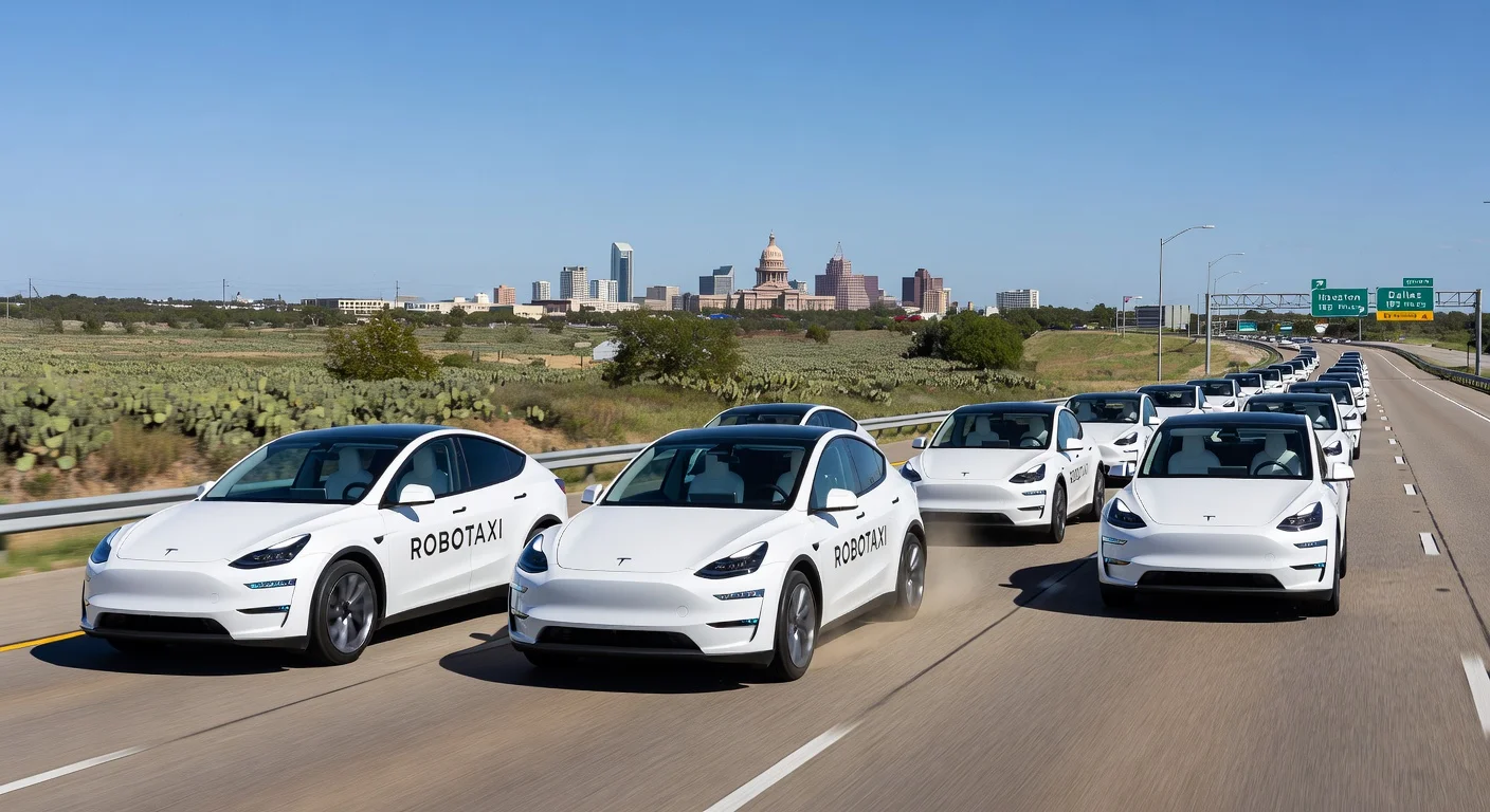Tesla Model Y robotaxis fleet of 29 vehicles autonomously navigating Texas roads in Austin, Houston, and Dallas.