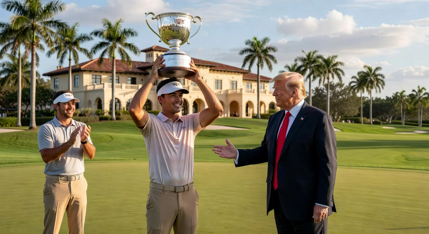 Cameron Young holds Cadillac Championship trophy while shaking hands with President Trump at Trump National Doral.