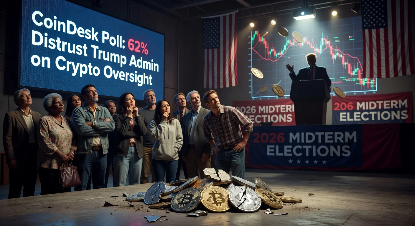 U.S. voters expressing distrust in Trump administration's cryptocurrency oversight per CoinDesk poll, illustrated with poll graphic and symbolic crypto elements.