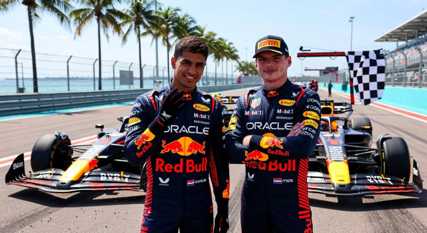 Red Bull F1 drivers Isack Hadjar and Max Verstappen in Miami GP pits, Hadjar shrugging off qualifying deficit after DQ as Verstappen looks confident.