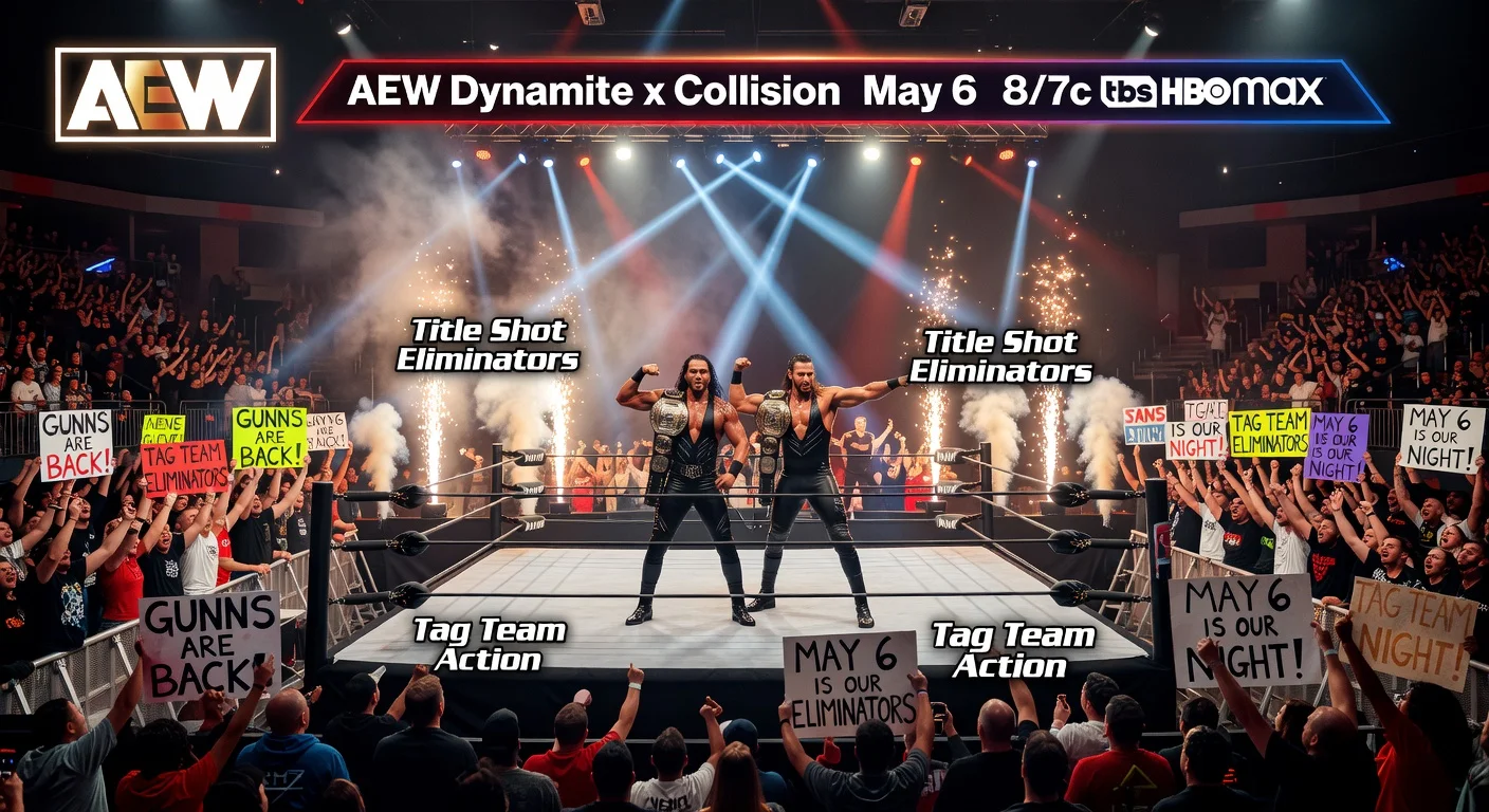 Promotional illustration of AEW's May 6 Dynamite-Collision special featuring the returning Gunns in a lively wrestling arena.
