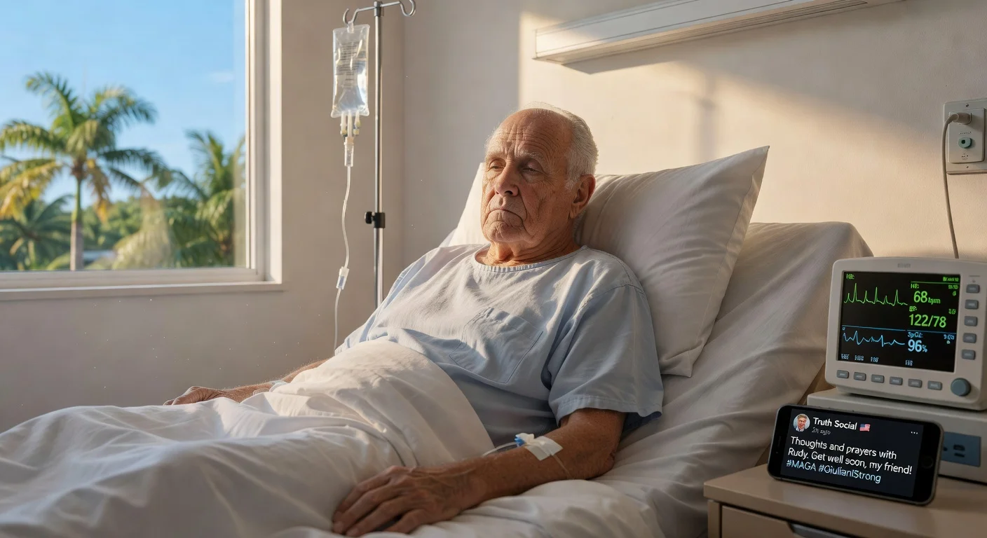 Illustration of Rudy Giuliani hospitalized in Florida in critical but stable condition.