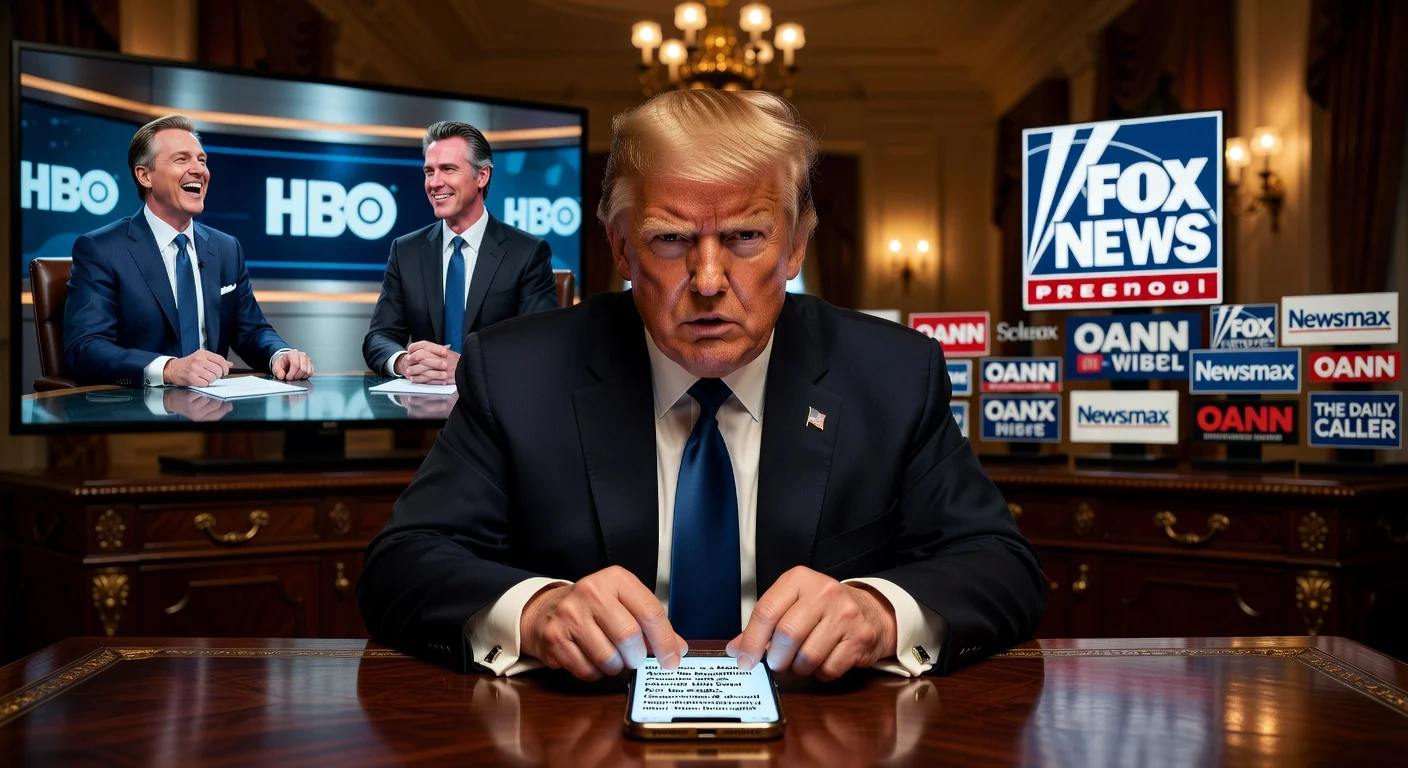 Illustration of Donald Trump posting criticism of Bill Maher on Truth Social after Maher's HBO interview with Gov. Gavin Newsom.