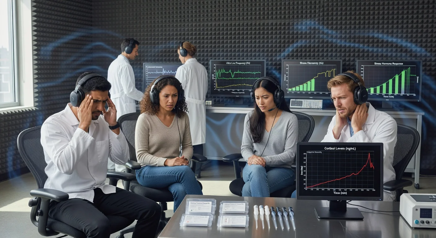 Lab participants show stress and irritability from inaudible infrasound in a scientific study, with visualized low-frequency waves and cortisol monitors.