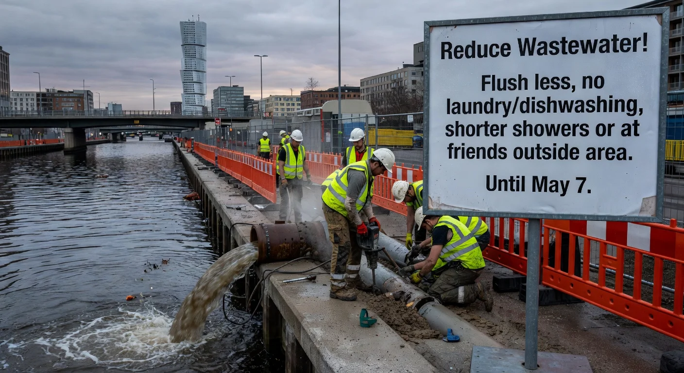 Realistic photo of Malmö canal during sewer leak repairs with wastewater discharge and water conservation warning sign for residents.