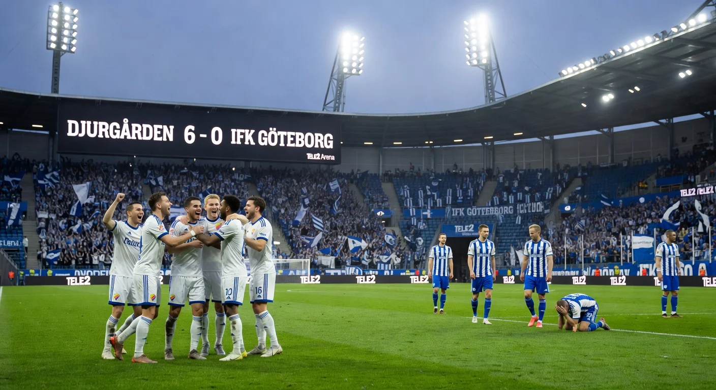 Djurgården players celebrate 6-0 Allsvenskan win over IFK Göteborg as Blåvitt fans protest by turning their backs.
