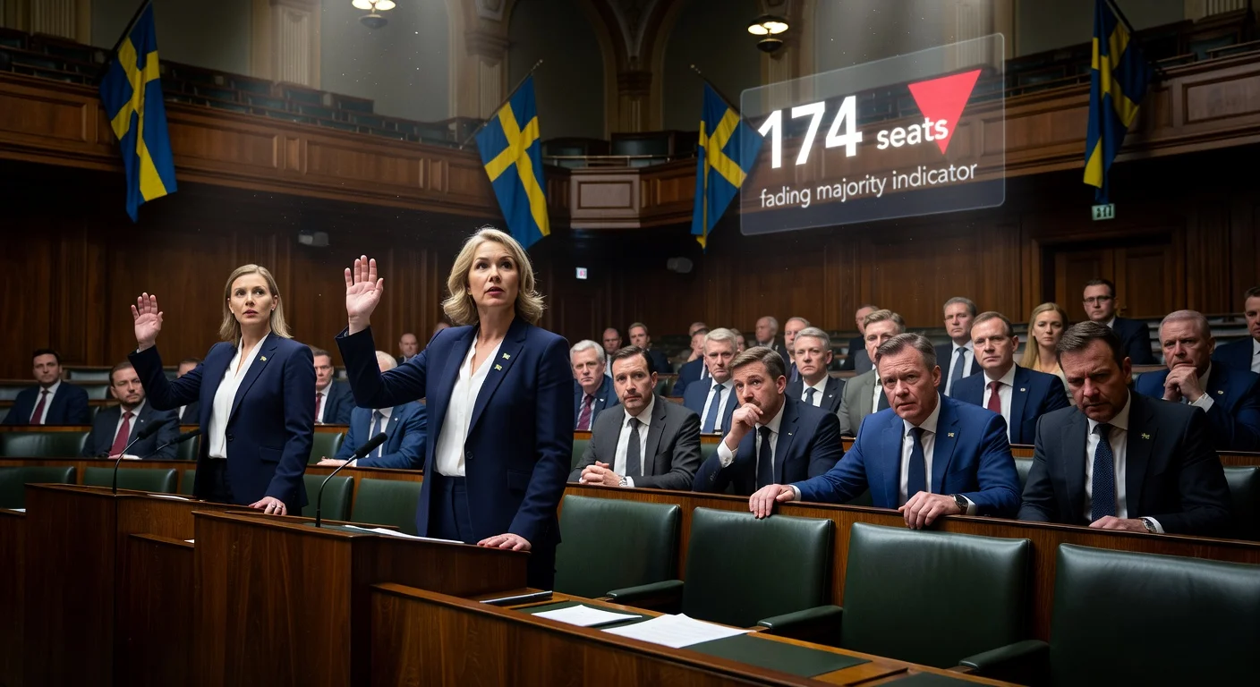 Swedish MPs Elsa Widding and Katja Nyberg defect from SD, tipping Tidö parties' parliamentary majority; PM Kristersson appears concerned in Riksdag.