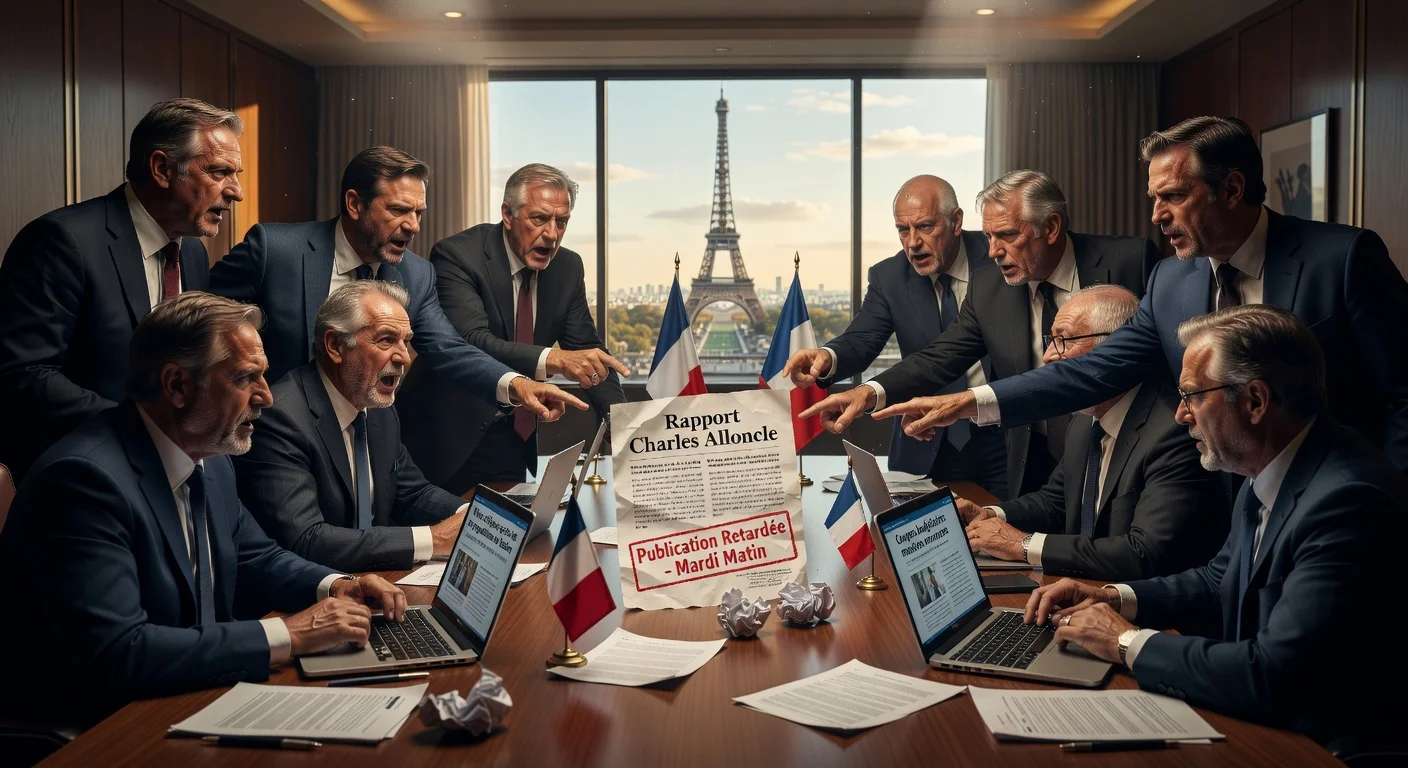 Dramatic illustration of outrage and delay over French public broadcasting report proposing cuts and mergers.