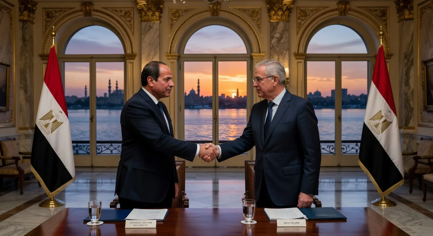Egyptian President Al-Sisi shakes hands with OECD chief Mathias Cormann in Cairo during talks on economic reforms and investment.