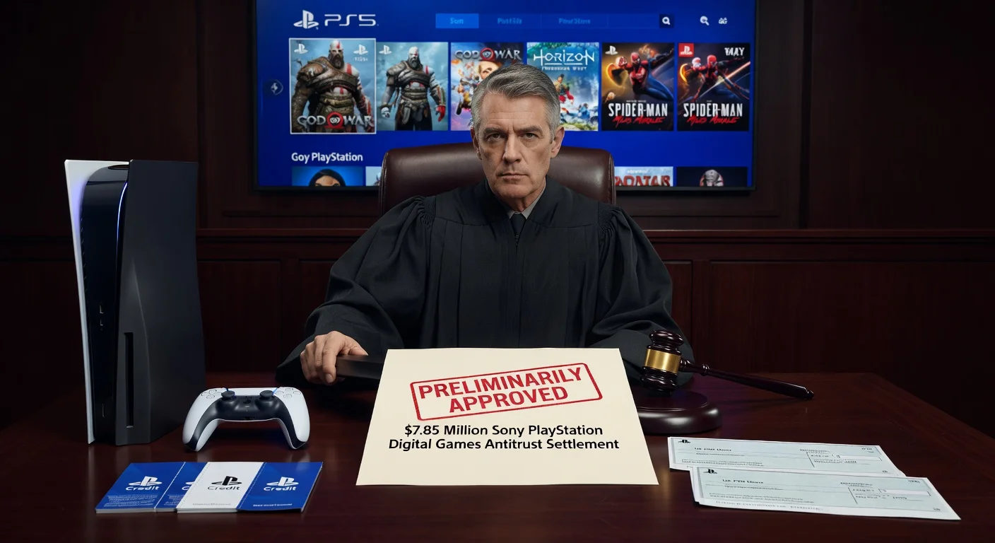 Federal judge approving $7.85M Sony PlayStation antitrust settlement in courtroom, with PS5 console, controllers, and store credits on bench.