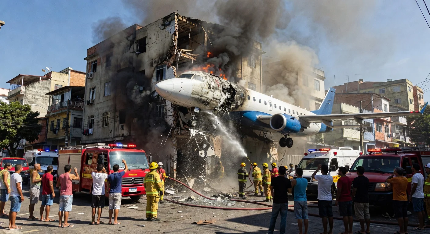 Illustration of a small plane crashing into a building in Belo Horizonte's Silveira neighborhood, with smoke, debris, and emergency responders on scene.
