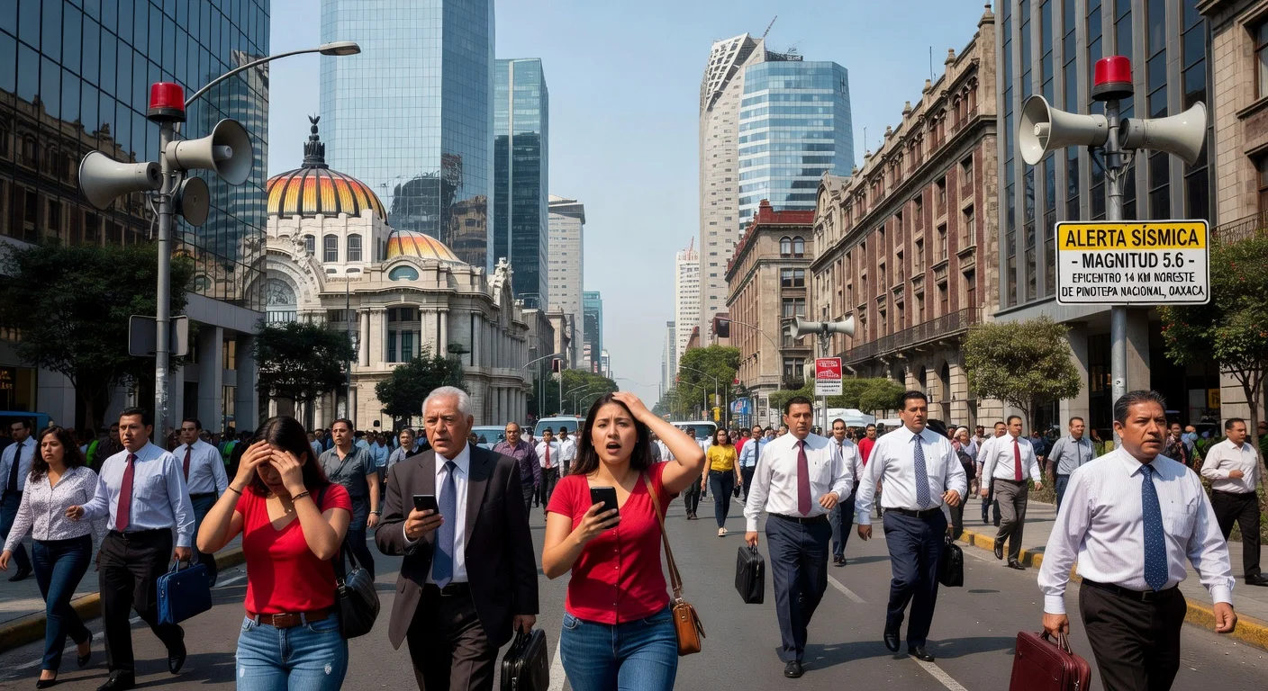 Mexico City residents evacuating buildings during seismic alert from Oaxaca earthquake, no damage reported.
