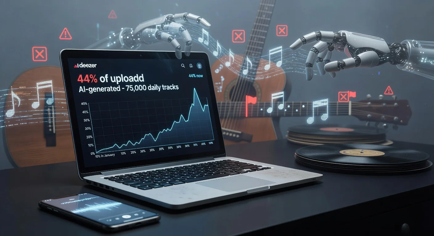 Realistic illustration of Deezer app showing 44% AI-generated music uploads surge, with rising graphs, AI music visuals, and fraud alerts for a news article.