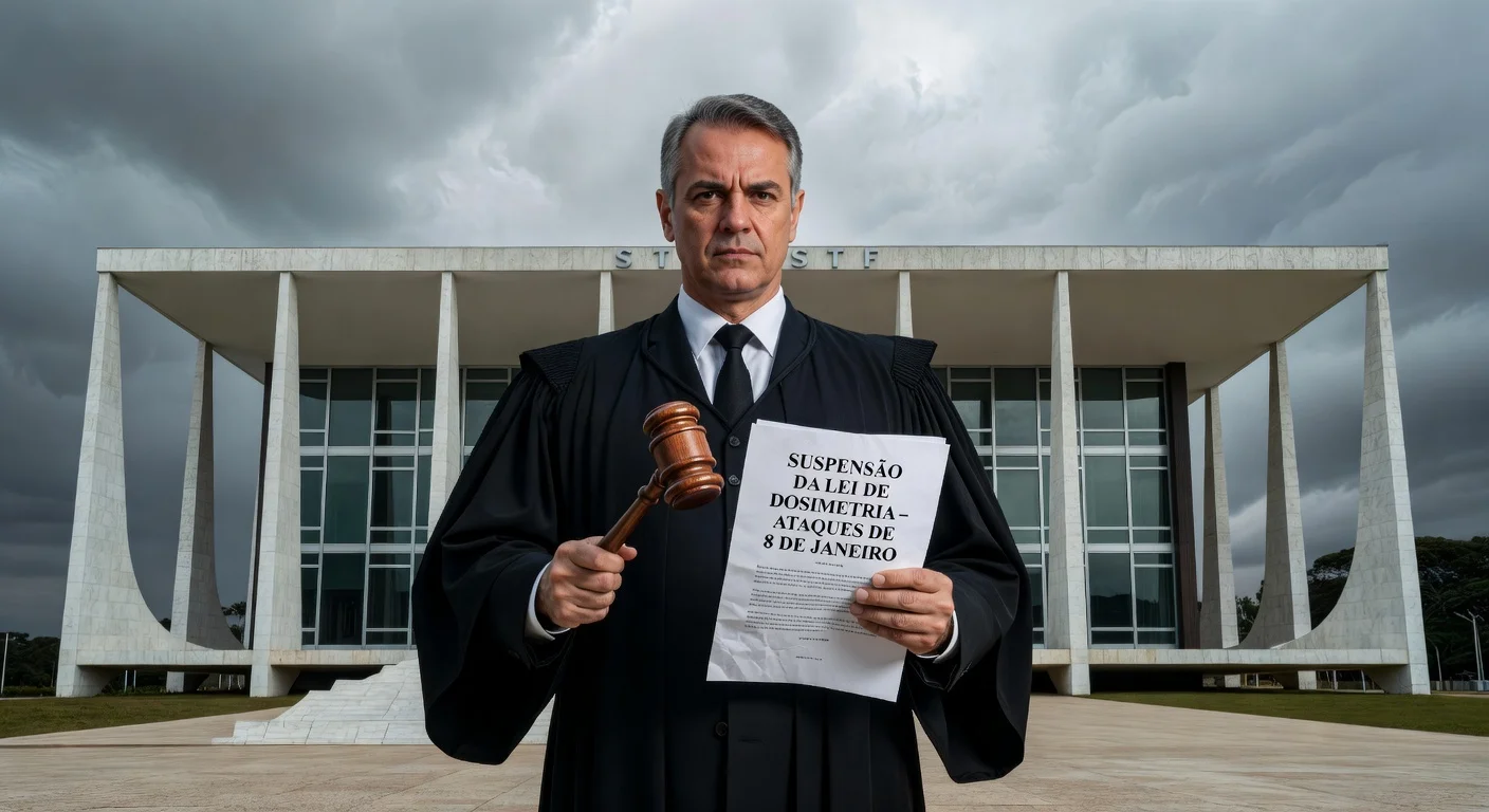 Realistic illustration of Brazilian Supreme Court Minister Alexandre de Moraes suspending the Dosimetry Law in front of the STF building.