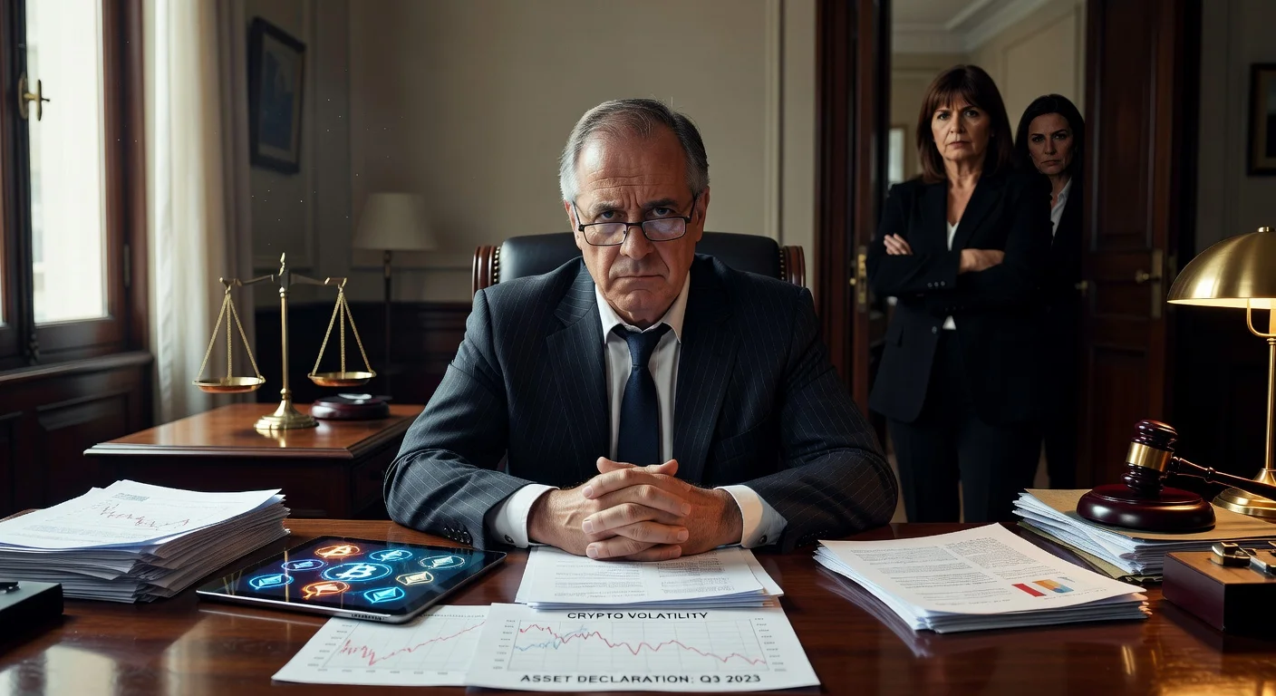 A realistic depiction of Manuel Adorni under investigation for cryptocurrency-related illicit enrichment, featuring justice symbols and key political figures.