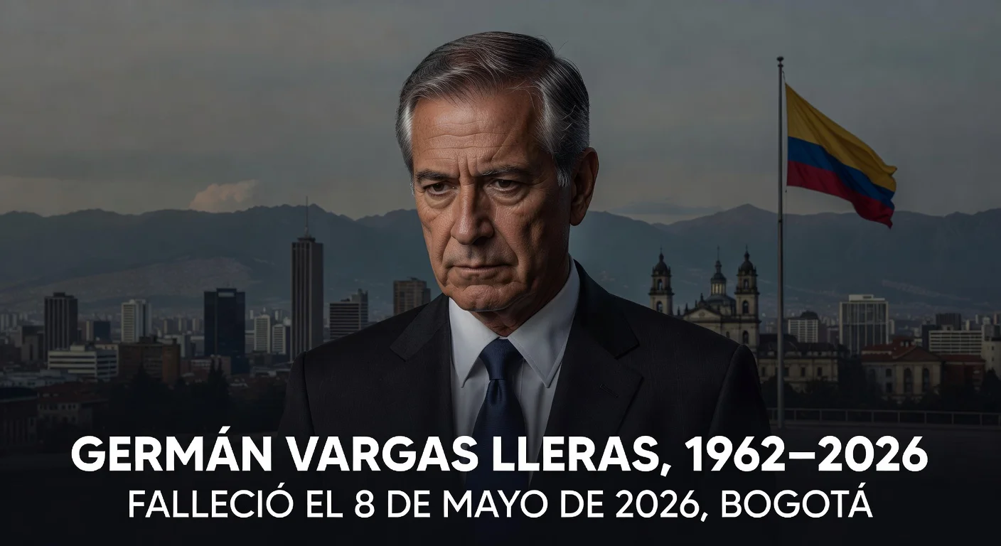 Illustration of former vice president Germán Vargas Lleras with Bogotá and Colombian flag at half-mast, in a somber style.