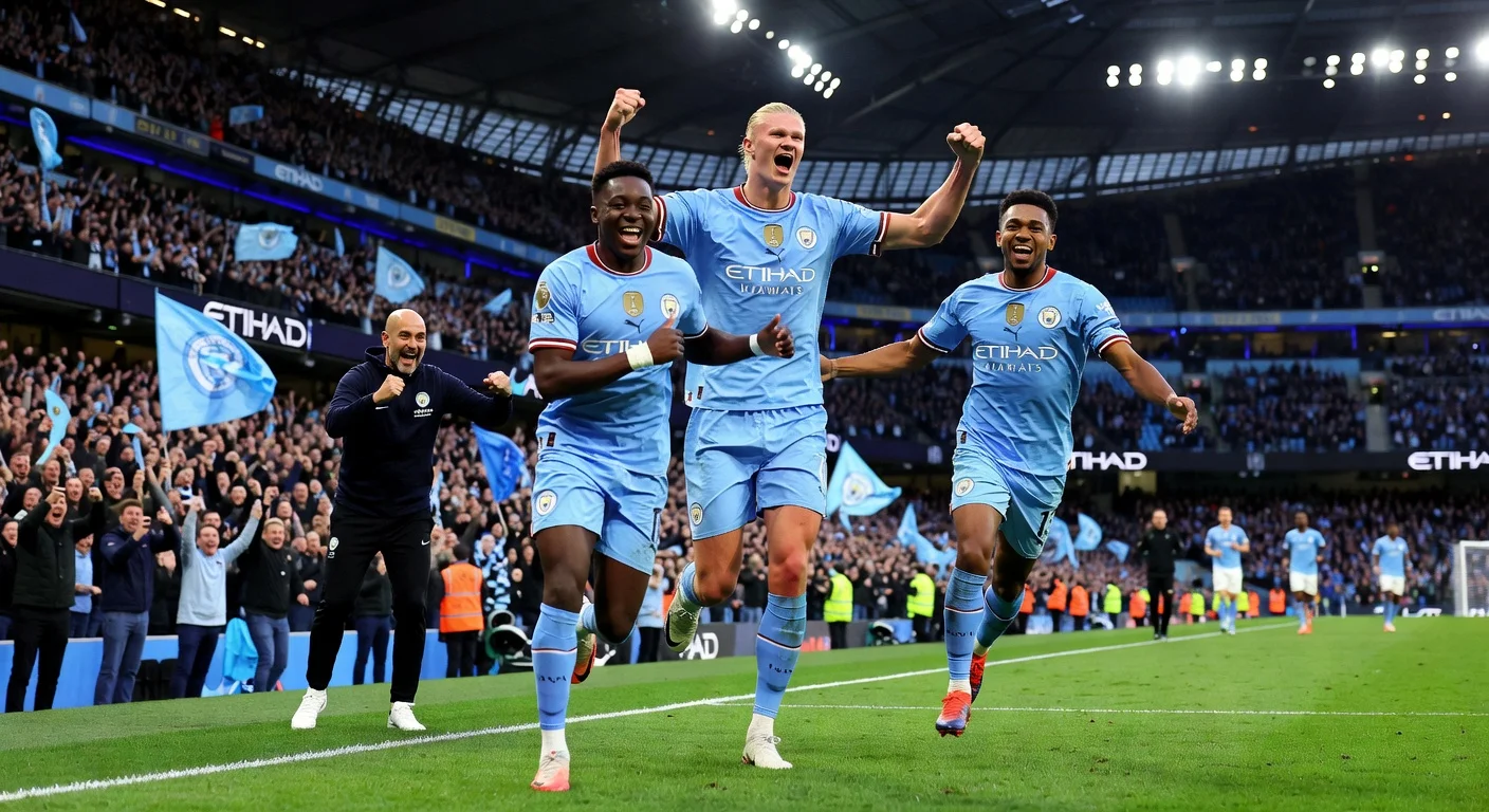 Manchester City football players celebrating a 3-0 win against Brentford.