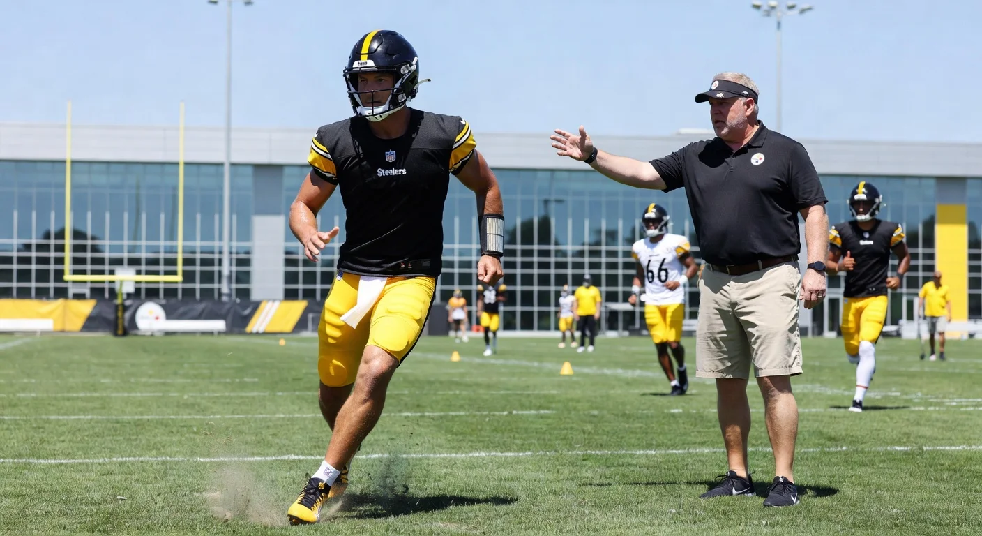 Photorealistic depiction of Drew Allar practicing footwork at the Pittsburgh Steelers rookie minicamp under coach Mike McCarthy's supervision.