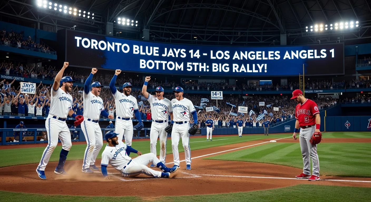 Baseball players celebrating a victory at Rogers Centre with scoreboard showing 14-1