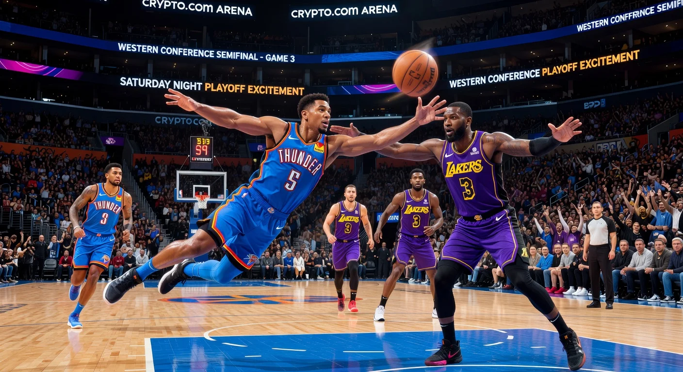 Illustration of Thunder vs Lakers NBA playoff game at Crypto.com Arena