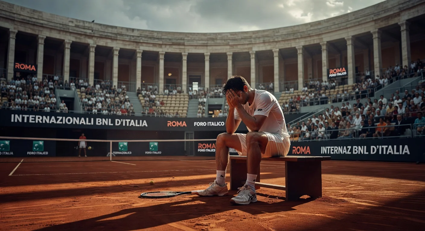 Tennis player facing a setback during the Italian Open in Rome on a clay court.