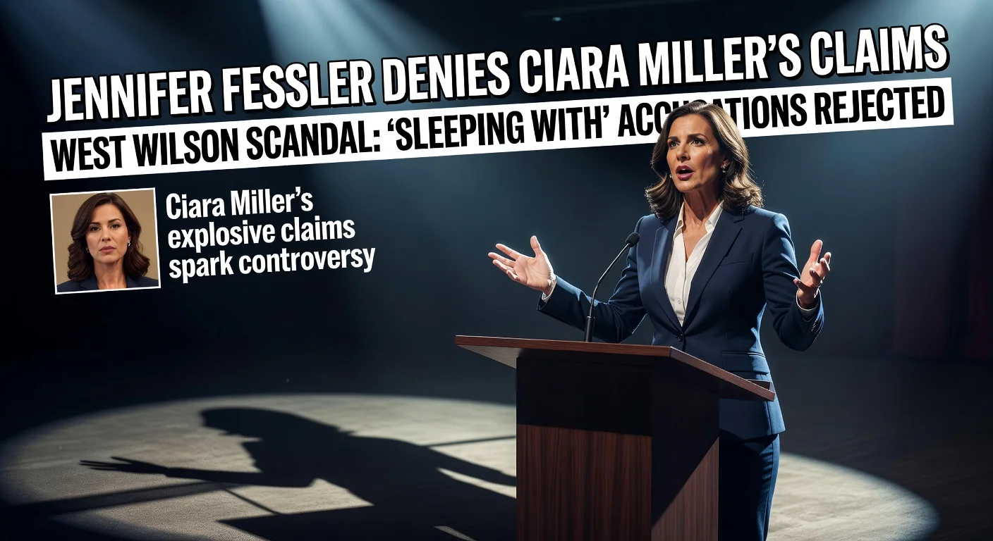 Illustration of Jennifer Fessler denying cheating claims involving West Wilson in a dramatic news style.