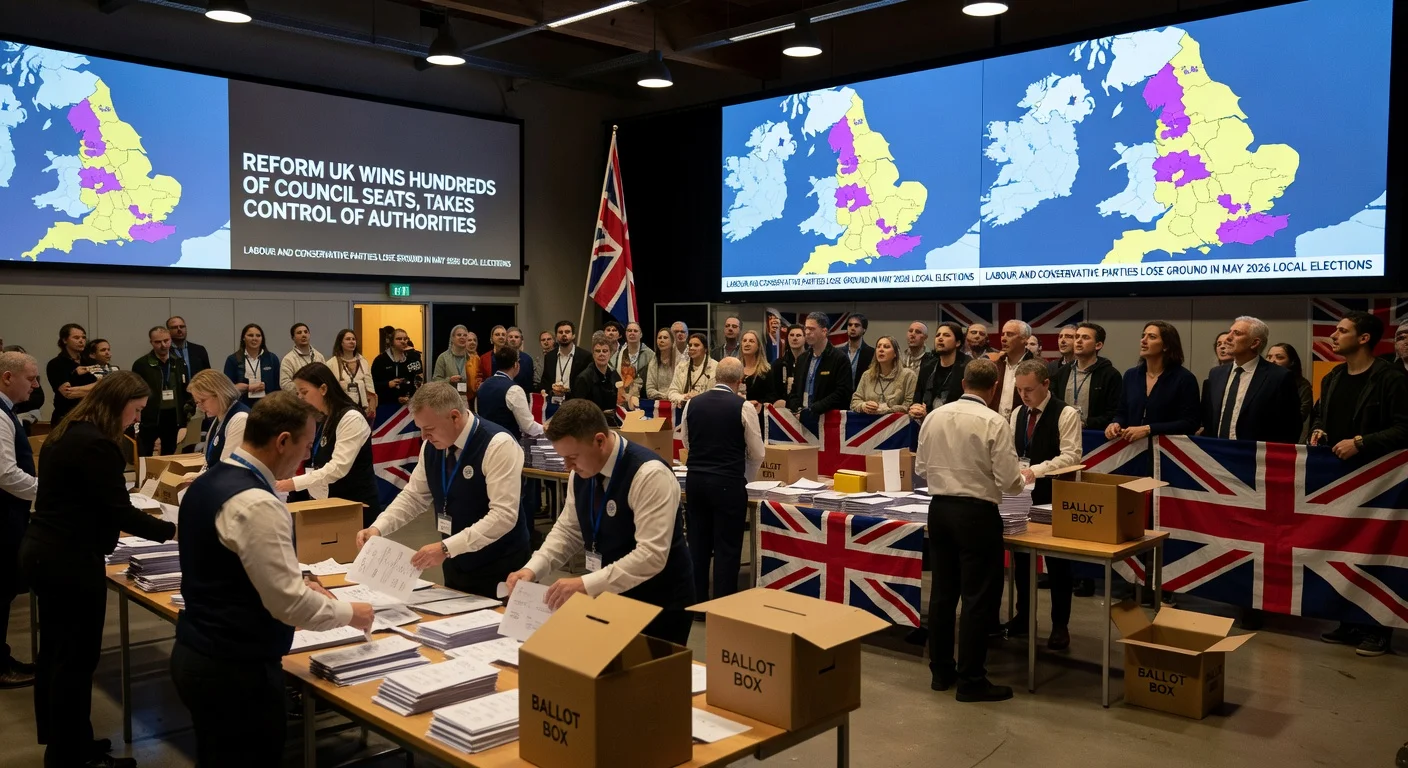 Illustration of 2026 UK local election results with Reform UK gains at a ballot counting center.