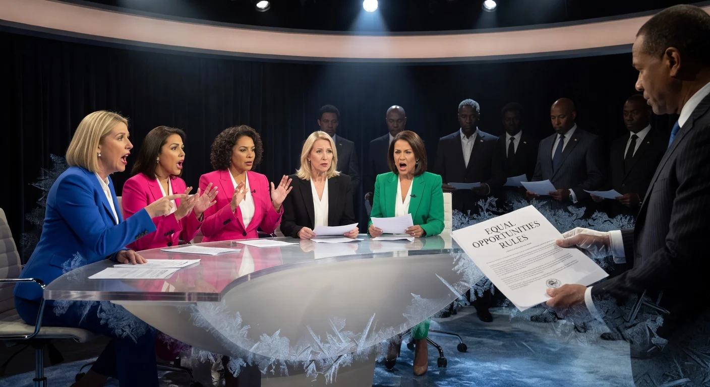 Illustration showing The View hosts in a studio challenged by FCC regulations on speech.