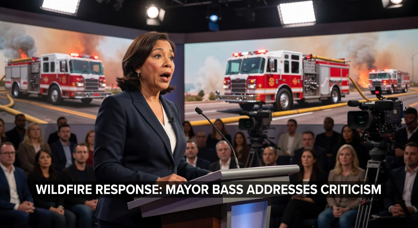 Illustration of Mayor Karen Bass during a debate on wildfire response, with fire trucks depicted on a background screen.